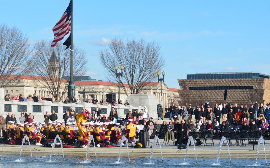 The Redskins Band takes a break during the Pearl Harbor Day of Remembrance at the World War II Memorial in Washington, D.C., Dec. 7, 2017.