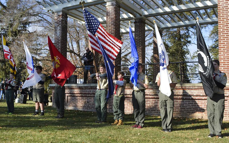 Boy Scout Troop 265 present the colors during the opening ceremonies of Wreaths Across America at Antietam National Cemetery in Sharpsburg, Md., December 16, 2017.