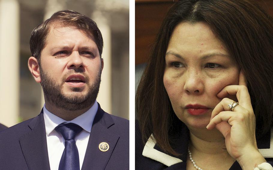 During a 5-day trip, Sen. Tammy Duckworth, D-Ill., right, a former combat pilot, and Rep. Ruben Gallego, D-Ariz., who served as a Marine in the Iraq War, visited with U.S. military leaders and allies in South Korea, Japan and the Korean Demilitarized Zone.