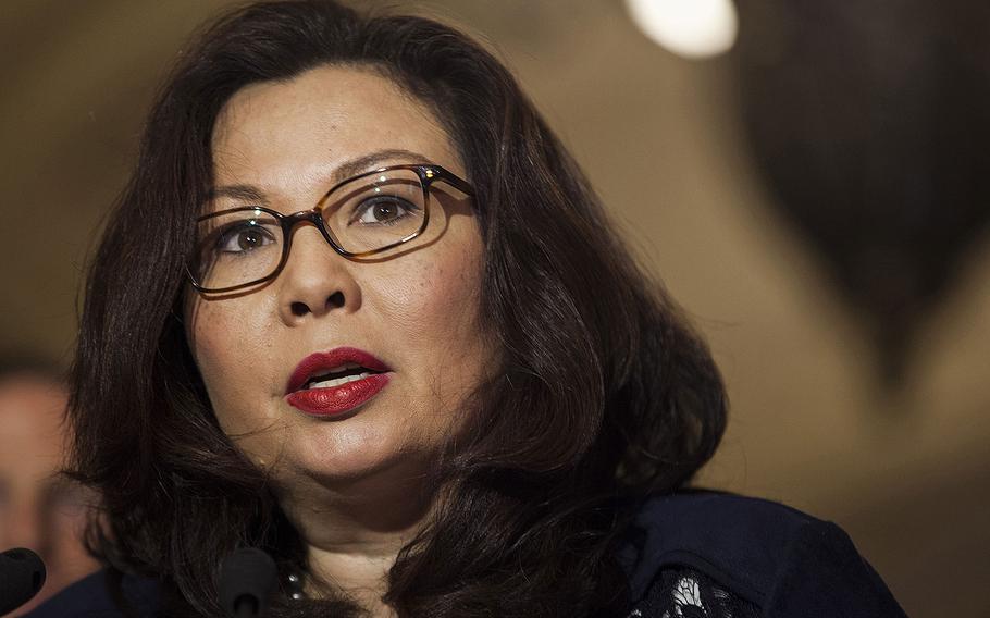 Sen. Tammy Duckworth, D-Ill., during a news conference following a Senate Democratic luncheon in Washington on May 16, 2017.