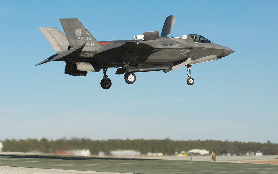 Pilot Peter Wilson tests vertical landings in an F-35B on a sloped pad at Marine Corps Auxiliary Landing Field Bogue, North Carolina, Jan. 16, 2018.