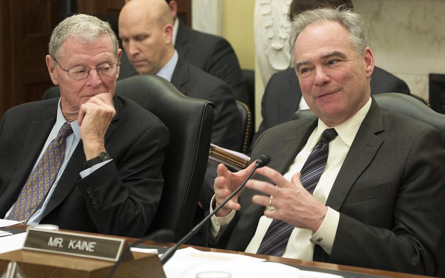 Sen. Tim Kaine, D-Va., ranking member of the House Armed Services Subcommittee on Readiness and Management Support, makes his opening statement at a Capitol Hill hearing on Feb. 14, 2018 as committee Chairman Sen. Jim Inhofe, R-Oklahoma, listens.