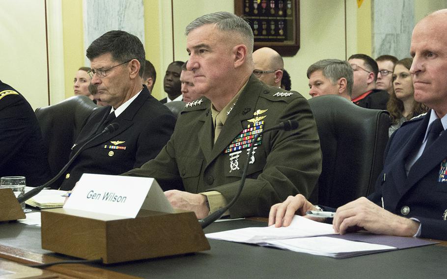 Army Vice Chief of Staff Gen. James C. McConville, Vice Chief of Naval Operations Adm. William F. Moran, Marine Corps Assistant Commandant Gen. Glenn M. Walters and Air Force Vice Chief of Staff Gen. Stephen W. Wilson, left to right, listen to opening statements at a Senate Armed Services subcommittee hearing on the current readiness of U.S. forces, Feb. 14, 2018 on Capitol Hill.