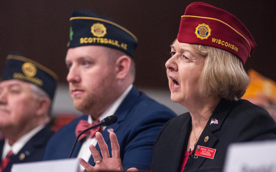 American Legion National Commander Denise Rohan speaks during a legislative agenda hearing on Capitol Hill in Washington, D.C., on Wednesday, Feb. 28, 2018. Concerning medical care the VA offers to veterans, Rohan told lawmakers "everyone here understands we oppose the slippery slope of privatization."