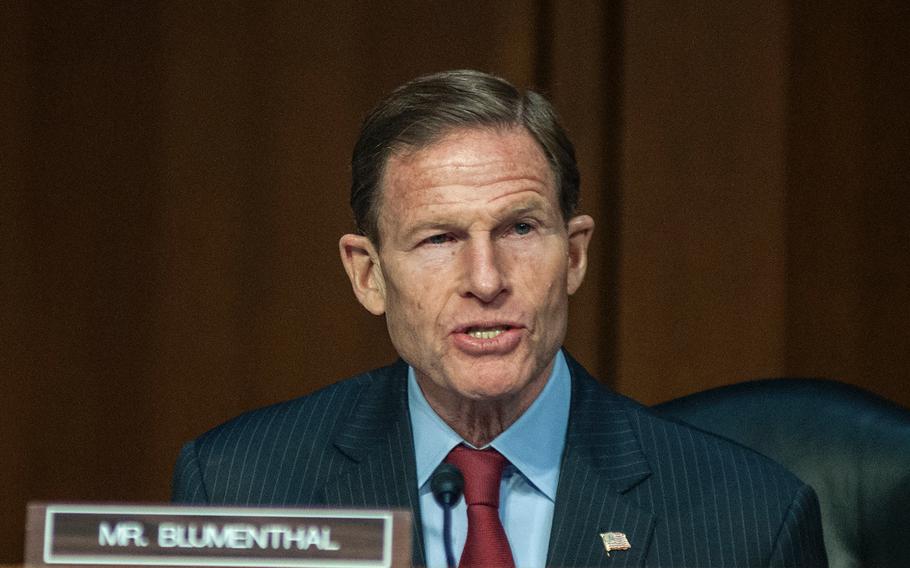 Sen. Richard Blumethal, D-Conn., poses a series of questions to U.S. Director of National Intelligence Dan Coats during a Senate Armed Services Committee hearing on Tuesday, March 6, 2018. Blumenthal told Coats that "the American people deserve to know whether or not the president directed his top intelligence officials to effectively counter this continuing act of war on our country."