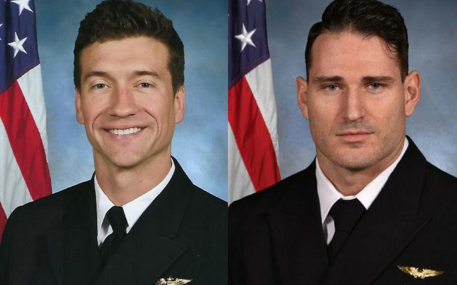 Lt. Cmdr. James Brice Johnson, left, and Lt. Caleb Nathaniel King died when their F/A-18F Super Hornet crashed near Key West, Fla., March 14, 2018. 