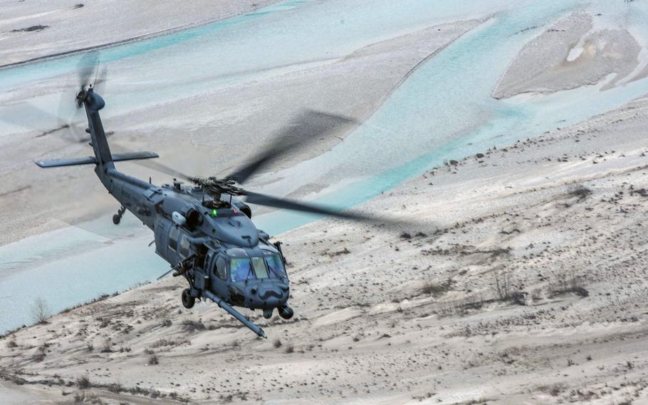 An HH-60G Pave Hawk helicopter flies over northern Italy, during a routine training mission Jan. 26, 2018. In March, a Pave Hawk crashed in western Iraq, killing the seven servicemembers on board.