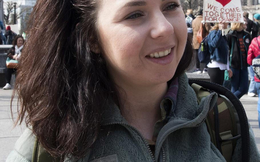 Air Force veteran Ksenia Voropaeva, 32, who was born in Eastern Europe and now lives in Jersey City, N.J., at the March for Our Lives in Washington, D.C. on March 24, 2018.
