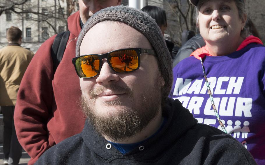 Marine Corps veteran Steven Kiernan, 30, of Fredericksburg, Va., at the March for Our Lives in Washington, D.C. on March 24, 2018.
