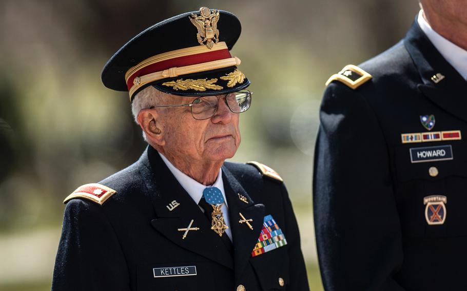 Medal of Honor recipient Charles Kettles arrives for a wreath laying ceremony at Arlington National Cemetery's Tomb of the Unknowns on Friday, March 23, 2018. Kettles was among more than two dozen MOH recipients who attended the commemorative event, which was part of the annual National Medal of Honor Day.