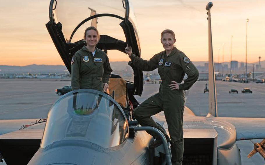 Brigadier General Jeannie Leavitt, 57th Wing Commander, helped actress Brie Larsen with her research for her role in Marvel's first movie focused on a solo female star.