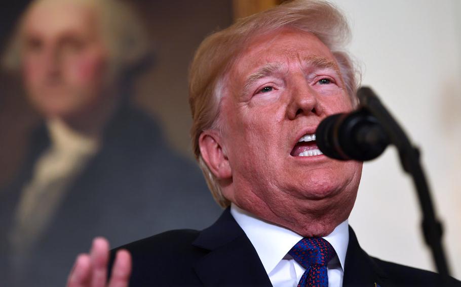 President Donald Trump speaks at the White House in Washington on Friday, April 13, 2018, about the United States' military response to Syria's chemical weapon attack.