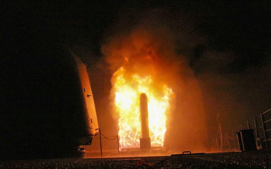 The guided-missile cruiser USS Monterey fires a Tomahawk land attack missile April 13, 2018. 