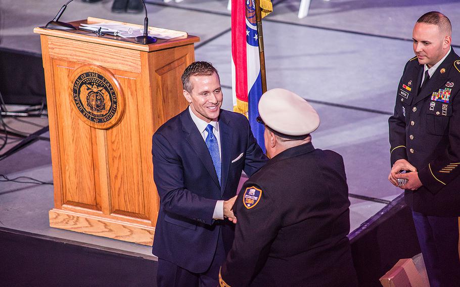 Incoming Missouri Gov. Eric Greitens recognizes military and first responders in an "Honor Our Missouri Heroes" ceremony prior to his inauguration, Jan. 9, 2017. 