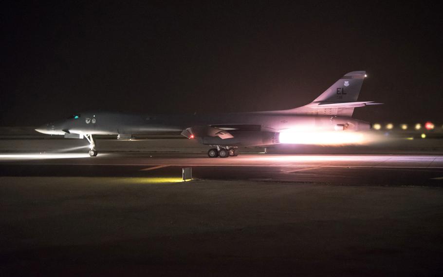 A B-1B Lancer aircraft departs from Al Udeid Air Base, Qatar, in support of the multinational response to Syria's chemical weapons use in April 2018.