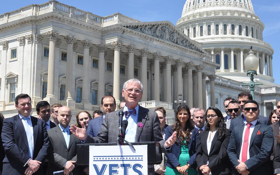 Rep. Earl Blumenauer, D-OR, speaks outside the U.S. Capitol on Thursday, April 26, 2018, calling for Congress to continue the special immigrant visa program for Iraqis and Afghans who worked with U.S. forces as interpreters or other allies and have since come under threat.