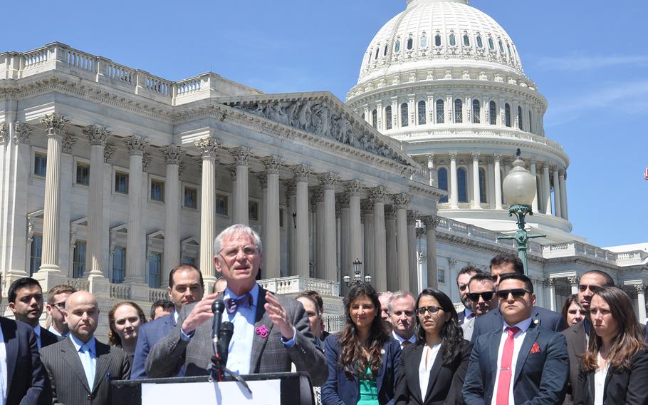 Rep. Earl Blumenauer, D-OR, speaks outside the U.S. Capitol on Thursday, April 26, 2018, calling for Congress to continue the special immigrant visa program for Iraqis and Afghans who worked with U.S. forces as interpreters or other allies and have since come under threat.