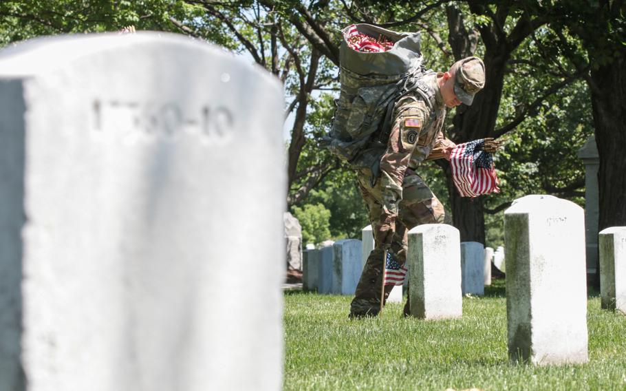 The U.S. Army's 3rd Infantry Regiment placed more than 200,000 flags on May 24, 2018, at graves throughout Arlington National Cemetery ahead of Memorial Day weekend.
