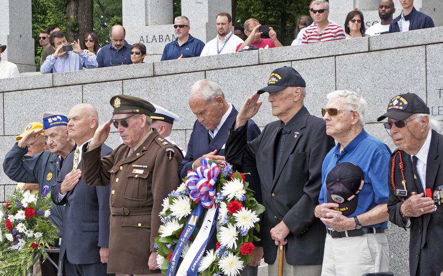 The Friends of the National World War II Memorial hosted a ceremony and wreath presentation at the World War II Memorial's Atlantic Arch to commemorate the 74 years since 160,000 Allied troops landed along a 50-mile stretch of heavily fortified French coastline to fight Nazi Germany on the beaches of Normandy, France.