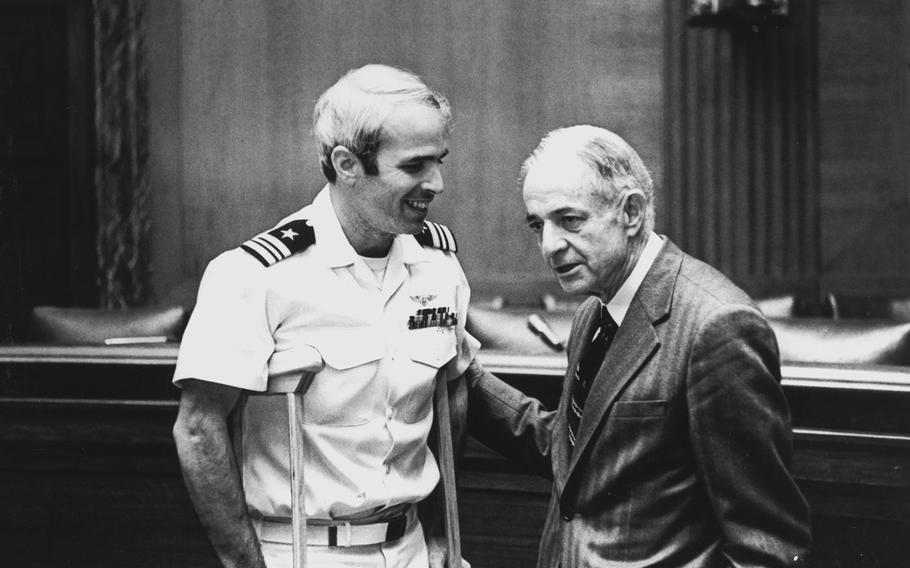 John McCain, left, with his father, Adm. John S. McCain Jr. after he was released from a North Vietnamese prison camp (1973).