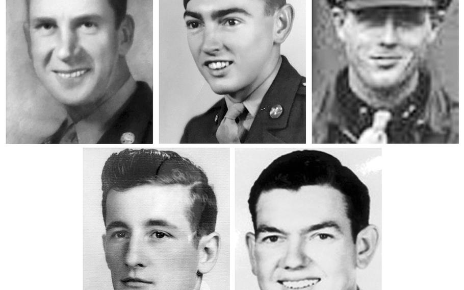 This combination of undated photos released Thursday, June 21, 2018 by the Defense POW/MIA Accounting Agency shows five U.S. Army Air Forces airmen, members of a B-17 bomber crew, who were shot down in 1944 during a mission over Germany in World War II. They are, top row from left: Tech. Sgt. John F. Brady, of Taunton, Mass., Tech. Sgt. Allen A. Chandler, Jr., of Fletcher, Okla., and 1st Lt. John H. Liekhus, of Anaheim, Calif.; bottom row, from left: Staff Sgt. Robert O. Shoemaker, of Tacoma Park, Md., and Staff Sgt. Bobby J. Younger, of McKinney, Texas. Their remains will be buried as a group on June 27 at Arlington National Cemetery in Virginia. 
