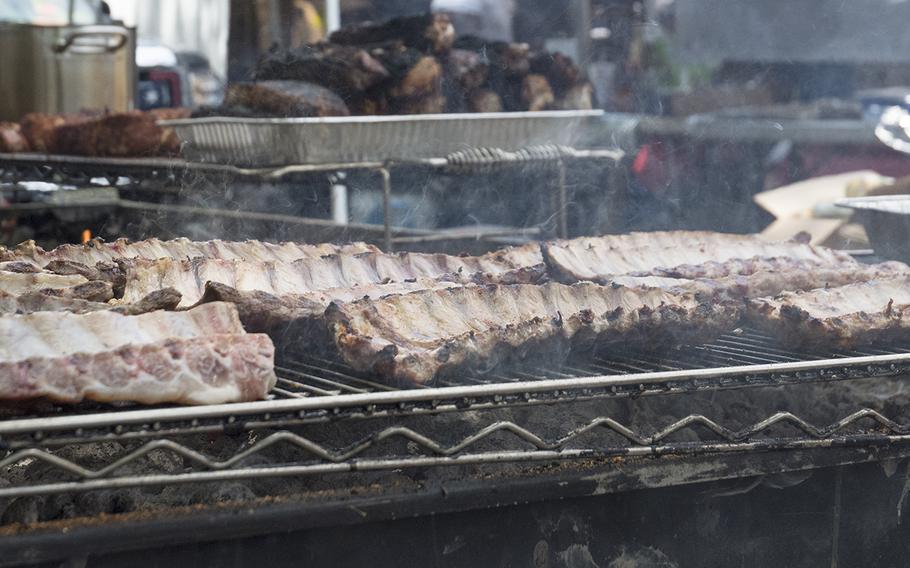 Pork tenderloin on the grill at the Military Cook-Off at the 2018 Giant National Capital Barbecue Battle, Sunday, June 24, 2018.