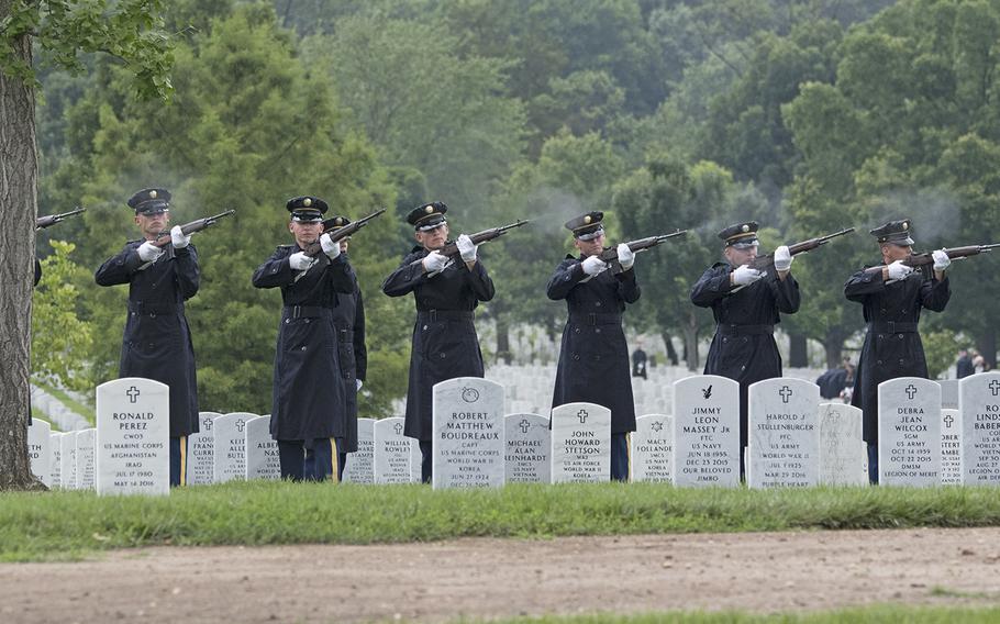 A three volley rifle is performed at Arlington National Cemetery on June 27, 2018 for five World War II airmen who died during a mission in Germany in 1944.