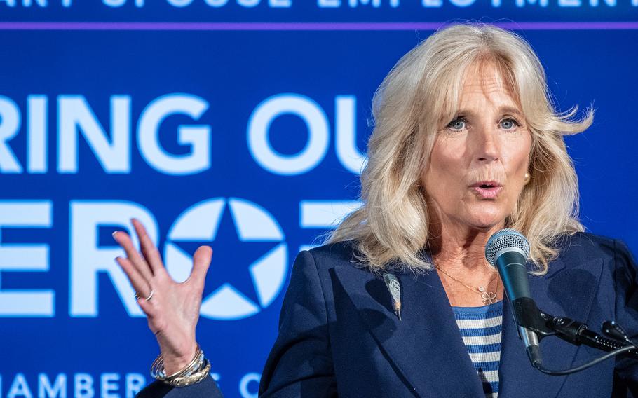 Jill Biden, former second lady of the United States, speaks during a military spouse employment summit held at the U.S. Chamber of Commerce headquarters in Washington, D.C. on Thursday, June 28, 2018.