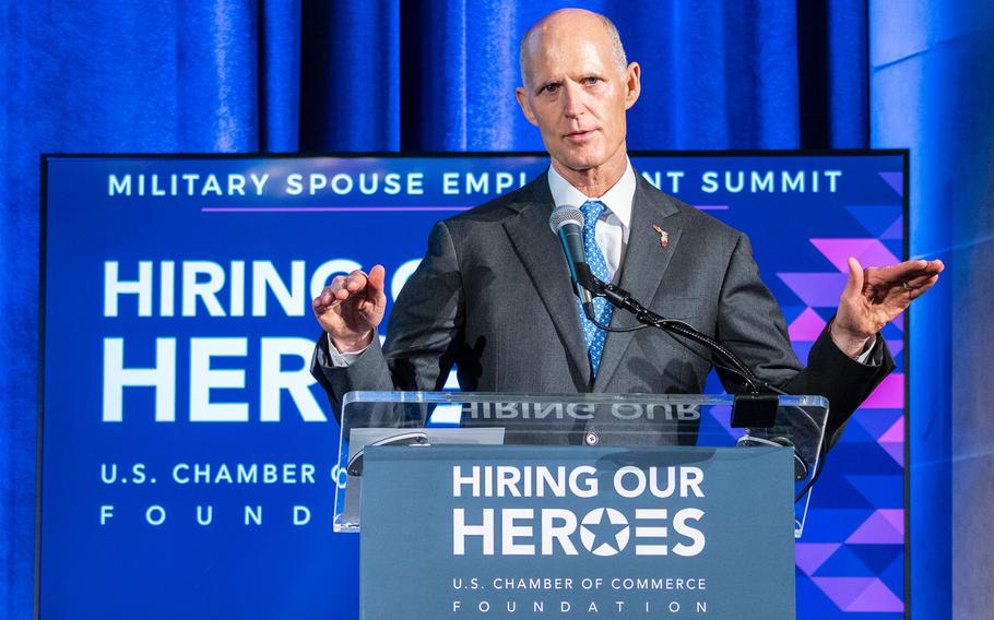 Florida Gov. Rick Scott addresses attendees of a military spouse employment summit held at the U.S. Chamber of Commerce headquarters in Washington, D.C. on Thursday, June 28, 2018.