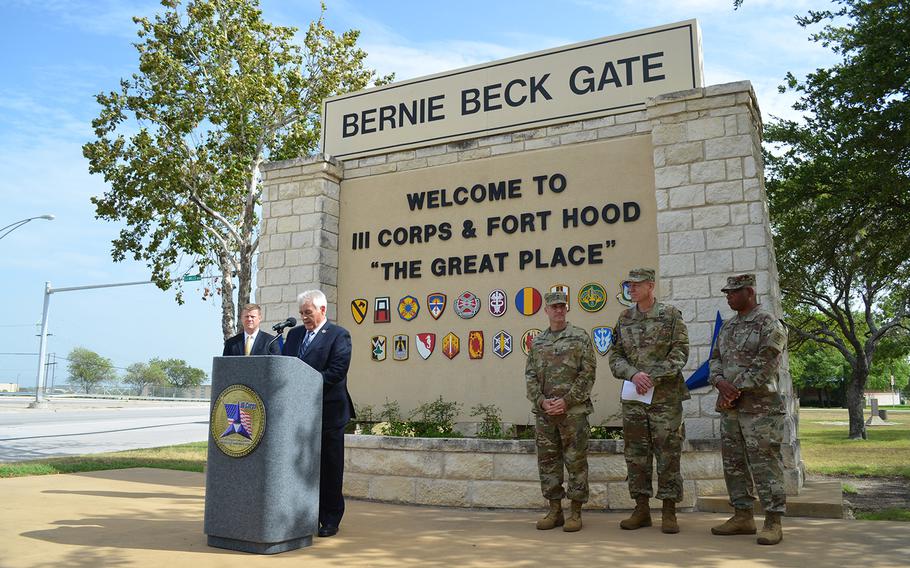 Rep. John Carter, R-Texas, speaks at a press conference about the services’s new credential assistance education pilot program outside the Fort Hood main gate on Tuesday.