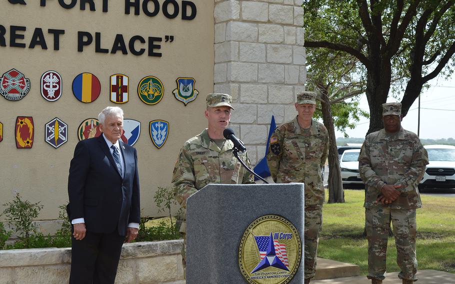 Sgt. Maj. Daniel Dailey, the Army's top enlisted soldier, speaks at a press conference about the service’s new credential assistance education pilot program outside the Fort Hood main gate on Tuesday. 