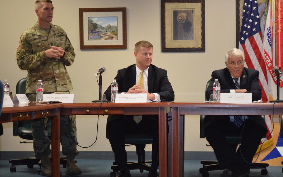 Sgt. Maj. Daniel Dailey, the Army's top enlisted soldier, speaks about the Army’s new credential assistance education pilot program at Fort Hood’s Education Services Center on Tuesday. Seated to his left are Undersecretary of the Army Ryan McCarthy and U.S. Rep. John Carter, R-Round Rock. 
 