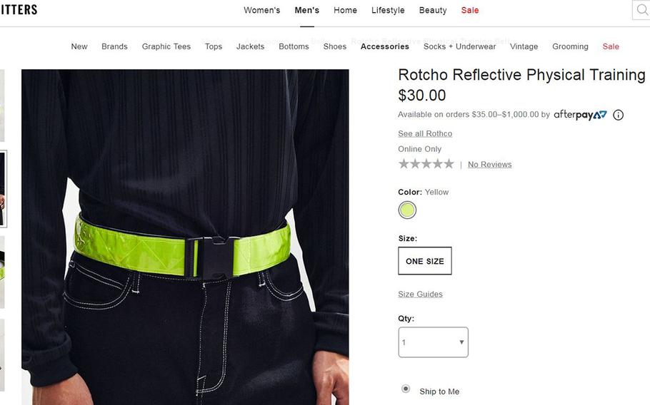 A screenshot shows a yellow reflective belt for sale on the Urban Outfitters online store on Wednesday, Aug. 15, 2018. The reflective belt is widely mocked in the military.