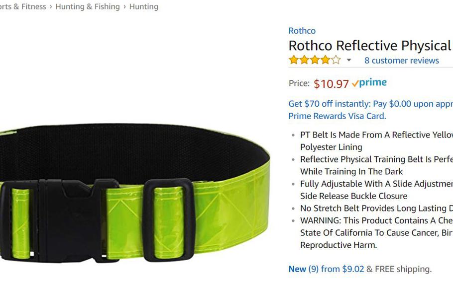 A screenshot shows a yellow reflective belt for sale on Amazon.com on Wednesday, Aug. 15, 2018. A similar belt was being sold for three times the price on the online store for Urban Outfitters.