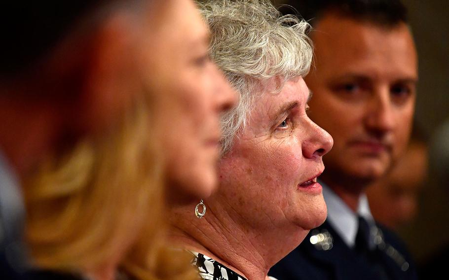 Terry Chapman, mother of U.S. Air Force Tech. Sgt. John Chapman, answers questions during media interviews at the Double Tree Pentagon City Hotel in Arlington, Va. on Aug. 21, 2018.