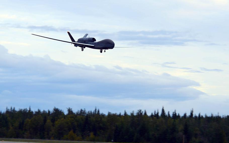 An RQ-4 Global Hawk assigned to the 12th Reconnaissance Squadron lands during Red Flag Alaska at Eielson Air Force Base, Aug. 16, 2018.