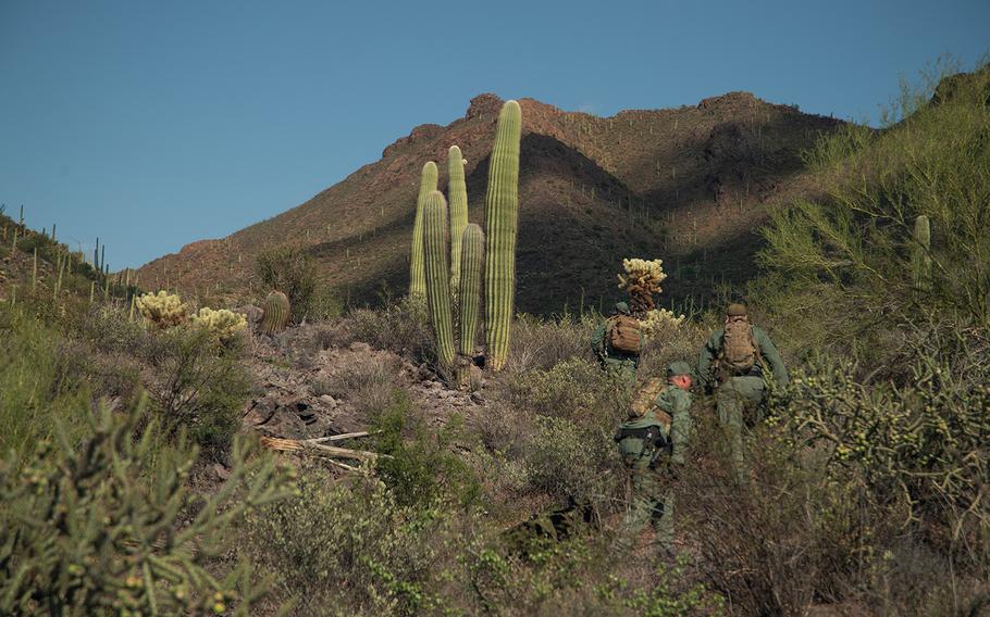 National Guard UH-60 Black Hawk helicopter crews participating in Operation Guardian Support provided rapid support to Tucson Sector's Mobile Response Team Aug. 13, 2018,, resulting in the apprehension of two people who crossed over the border illegally in the desert near Sasabe.
The Blackhawk crew inserted Border Patrol agents and a canine into a remote area where they quickly apprehend two Guatemalan nationals attempting to evade apprehension.