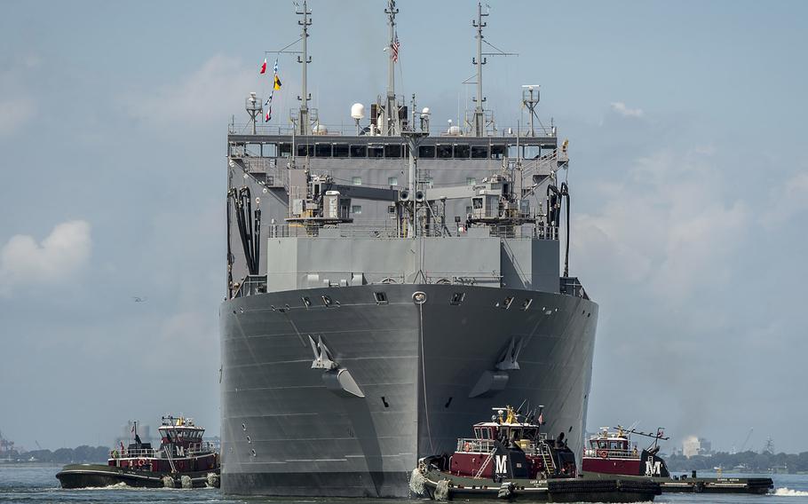 The Military Sealift Command dry cargo and ammunition ship USNS Lewis and Clark departs Naval Station Norfolk in preparation for Hurricane Florence, Sept. 10, 2018.