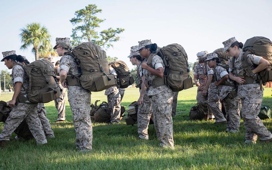 Recruits at Marine Corps Recruit Depot Parris Island prepare to evacuate to Marine Corps Logistic Base Albany following an evacuation order on Sept. 11, 2018.