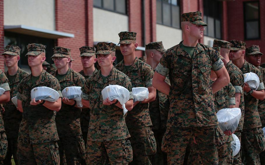 Recruits at Marine Corps Recruit Depot Parris Island prepare to evacuate to Marine Corps Logistic Base Albany following an evacuation order.