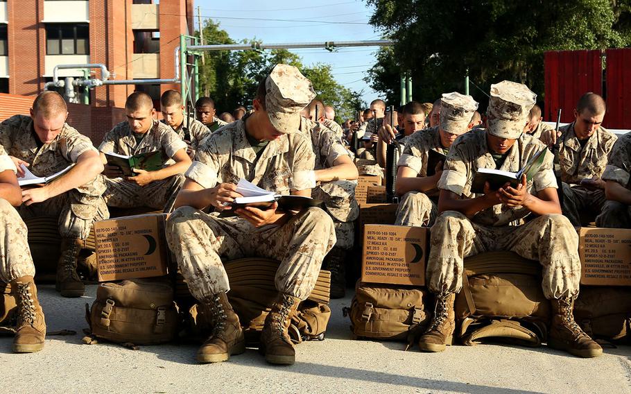 Recruits at Marine Corps Recruit Depot Parris Island prepare to evacuate to Marine Corps Logistic Base Albany following an evacuation order.