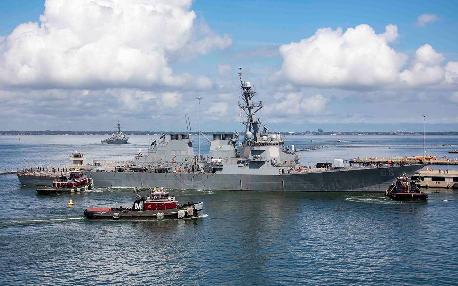 The Arleigh Burke-class guided-missile destroyer USS Gonzalez (DDG 66) departs Naval Station Norfolk on Sept. 10, 2018.