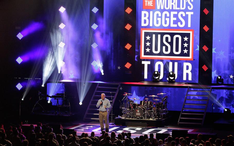 USO President J.D. Crouch addresses the crowd at "The World's Biggest USO Tour" at The Anthem theater in Washington on Wednesday, Sept. 12, 2018.
