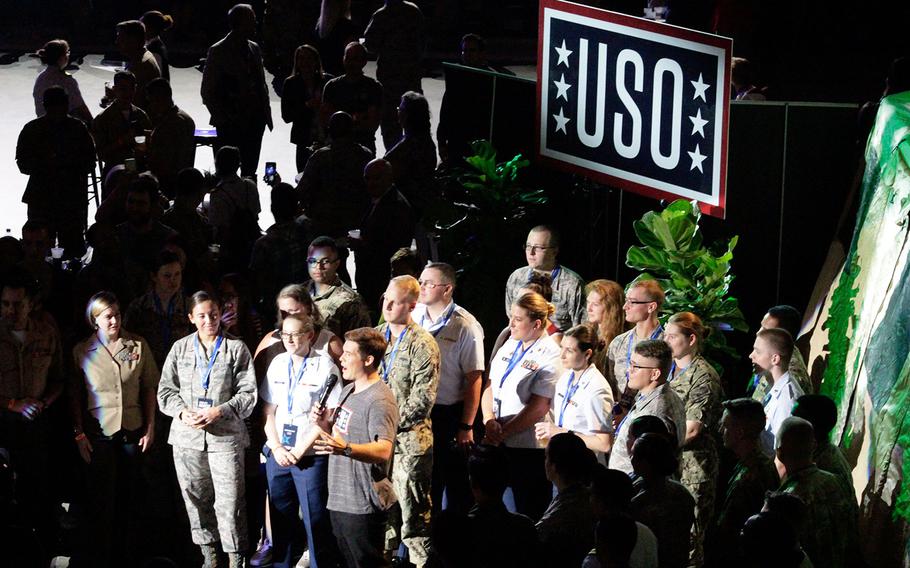 Comedian Adam Devine hosts "The World's Biggest USO Tour" at The Anthem theater in Washington on Wednesday, Sept. 12, 2018.