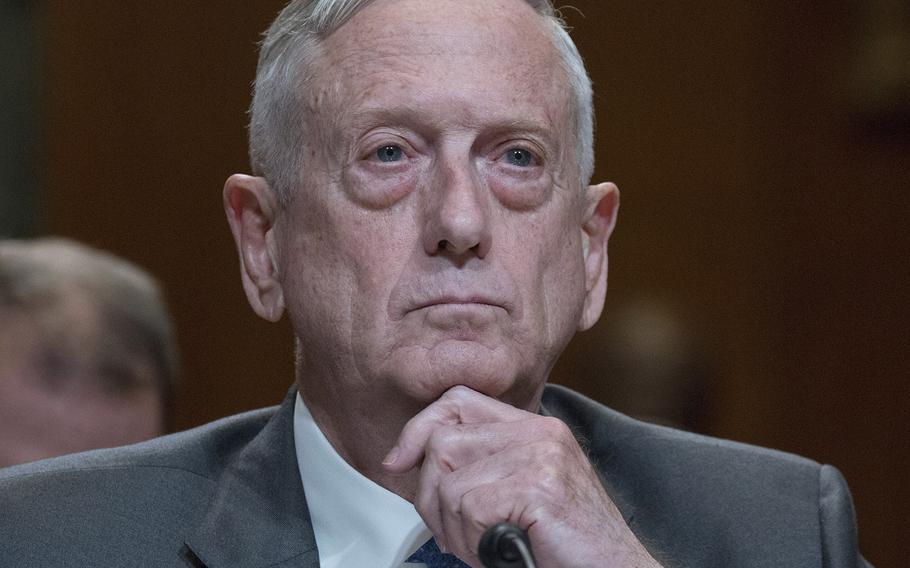 Defense Secretary Jim Mattis listens during a Senate Appropriations subcommittee hearing on the DOD budget, May 9, 2018 on Capitol Hill.