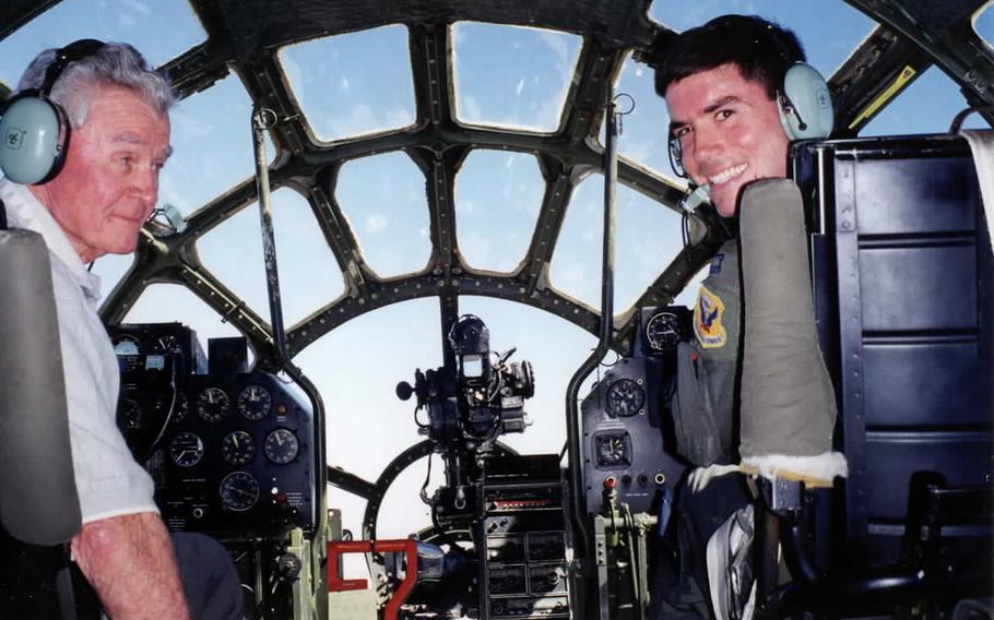 In an October, 1998 file photo, retired Brig. Gen. Paul Tibbets Jr., left, and his grandson, then-Capt. Paul Tibbets IV, fly the last flyable B-29 Superfortress, ‘Fifi,’ in Midland, Texas. 