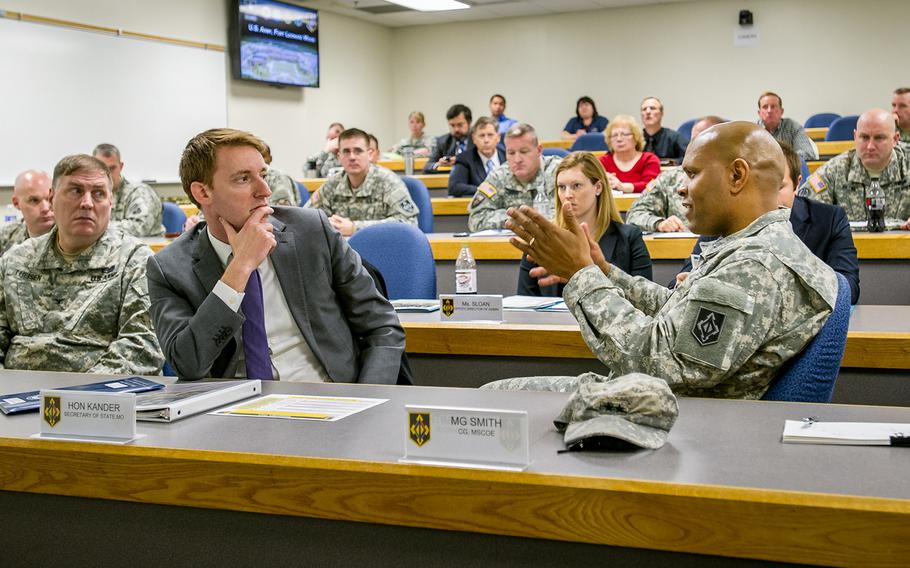 Jason Kander, pictured here during a 2013 visit to Fort Leonard Wood, withdrew Tuesday, Oct. 2, 2018, from the Kansas City, Mo., mayoral race in order to seek help for depression and symptoms of post-traumatic stress disorder.