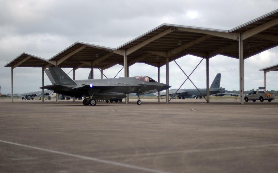 A F-35 Lightning arrives at Barksdale Air Force Base, Louisiana on Oct. 9, 2018 after being evacuated from Eglin Air Force Base, Florida ahead of Hurricane Michael.