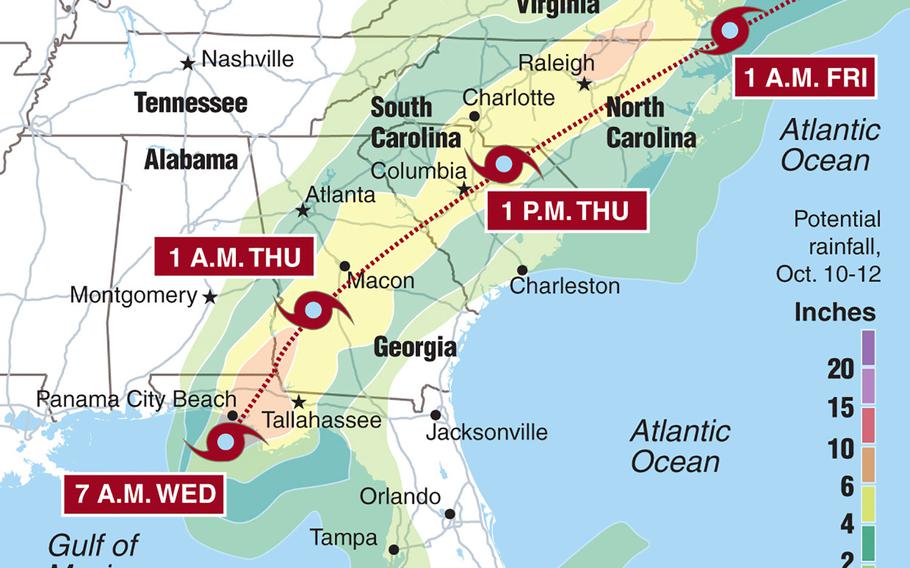 Rain predictions for Hurricane Michael over the next three days.