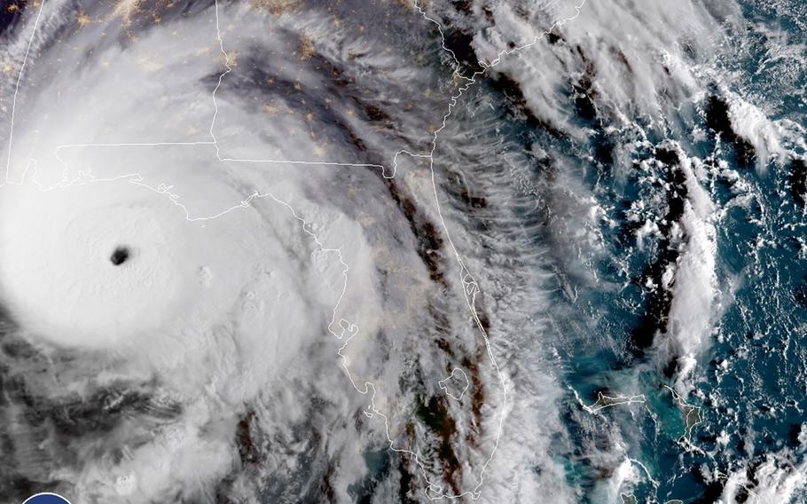 A GOES-16 East Geocolor satellite image of Hurricane Michael shows the storm at approximately 7:27 a.m. EDT on Oct. 10, 2018 in the Gulf of Mexico as it approaches the Florida Panhandle. 